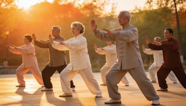 Sunrise tai chi class with seniors practicing slow forms in park plaza wearing silk uniforms