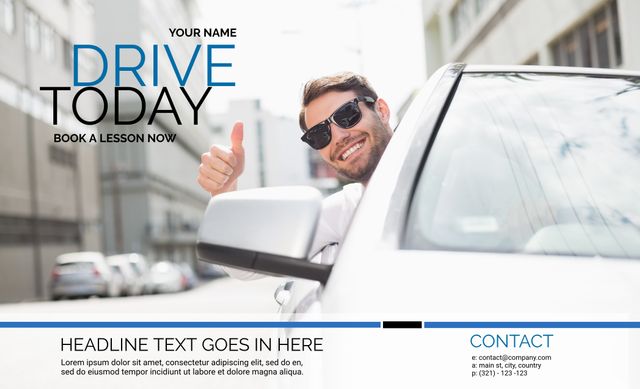 Confident Man Promoting Driving Lessons with Thumbs-Up for Success - Download Free Stock Templates Pikwizard.com