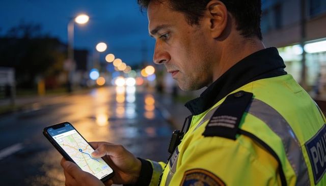 Police officer checking phone map on wet city street at dusk wearing reflective jacket