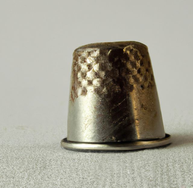 Image of close up of silver thimble on grey patterned fabric background - Download Free Stock Photos Pikwizard.com