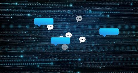 Floating chat bubbles over neon data stream, digital communication visualization