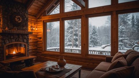 Framing Snowy Pine Forest Through Large Wood Windows in Rustic Log Cabin with Fireplace