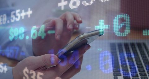 Business Professional Analyzing Financial Data on Smartphone with Digital Overlay