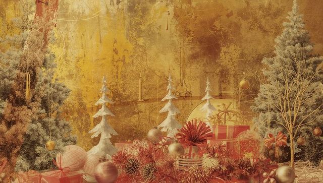 Luxurious christmas decorations with golden wall and miniature trees