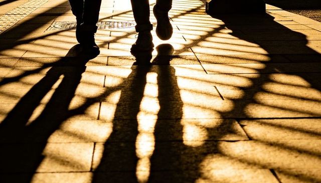Sunlit urban walk: long shadows and rail lattice pattern on paved sidewalk
