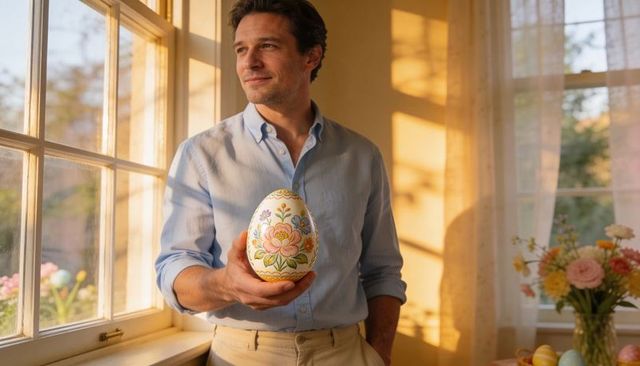 Middle-aged man holding hand-painted decorative egg in sunlit home interior with flowers