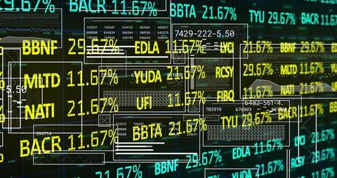 Futuristic Digital Interface with Stock Tickers and Analytics