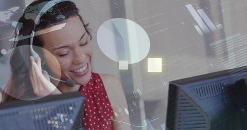 Happy Woman in Call Center with Digital Finance Overlay