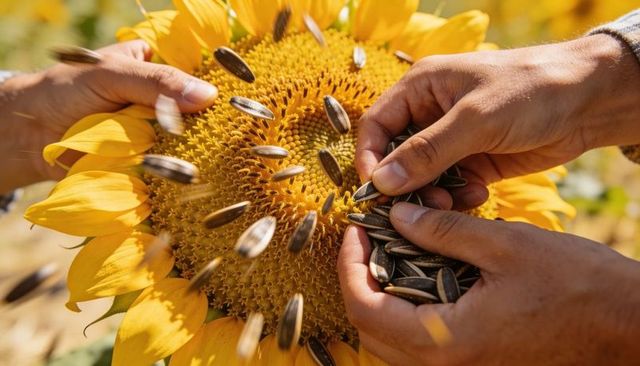 Hands harvesting sunflower seeds from seedhead closeup rustic farm harvest