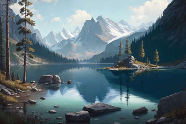 Captures tranquil mountain lake with snow-capped peaks at sunrise. Calm water reflects the grandeur of surrounding mountains and pine trees, emphasizing the pristine beauty of wilderness. Great for posters, travel promotions, nature blogs, or desktop wallpapers.