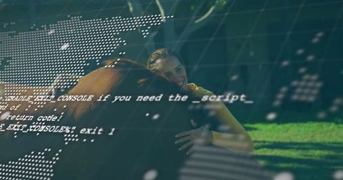 Technology meets nature: woman and horse with code overlay