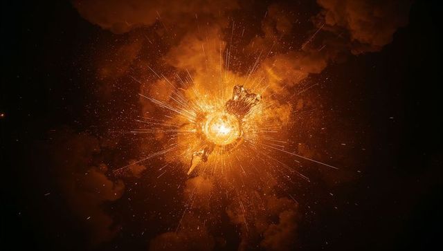 Blazing orbital explosion propelling astronauts away from radiant sphere, embers