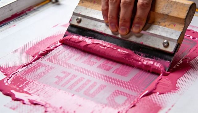 Hand-pulling magenta screenprint with wooden squeegee close-up showing ink texture detail