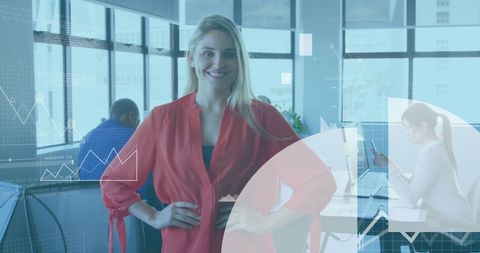 Confident Businesswoman with Digital Financial Data Display