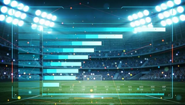 Displaying sports analytics hud overlay on stadium field with neon data visualization
