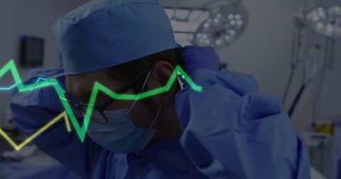 Surgeon Preparing for Operation with ECG Overlay in Operating Room