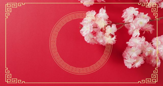 Chinese Blossom and Gold Pattern on Red Festive Background - Download Free Stock Images Pikwizard.com