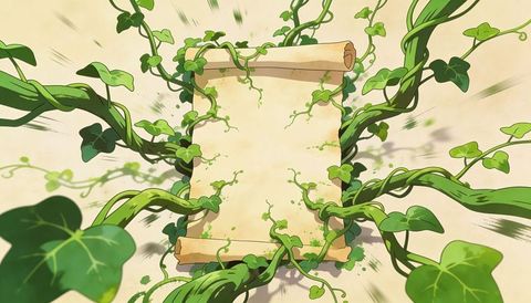 Ancient parchment scroll entwining with lush green vines illustrative botanical background