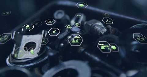 Sustainable industrial machinery with eco icons highlighting innovation