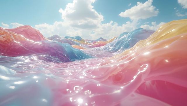 Pastel liquid waves in dreamlike ethereal landscape