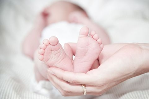 Close-Up of Newborn Baby Feet Held by Parent