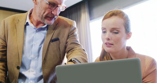 Two Business Professionals Discussing Work on Laptop in Office - Download Free Stock Images Pikwizard.com