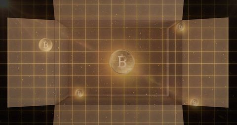 Gold bitcoin grid representing global digital currency and delivery