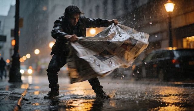 Man battling rain with newspaper on wet city street at night, dramatic splashes