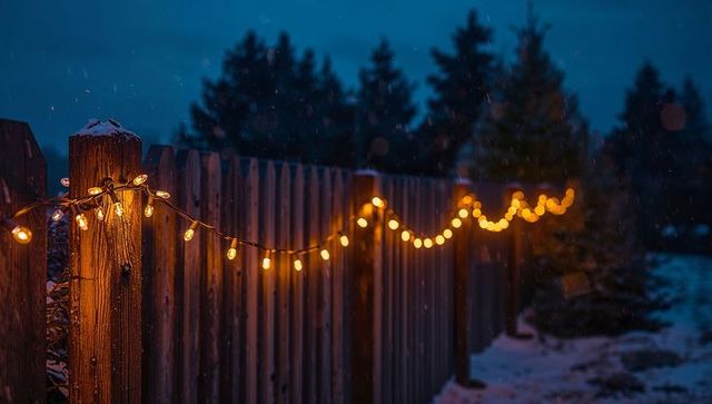 Glowing Amber String Lights Lining Snowy Wooden Fence at Dusk with Bokeh Pines