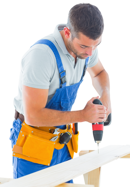 Carpenter using drill machine on wood, wearing work overalls and tool belt - Download Free Stock Videos Pikwizard.com