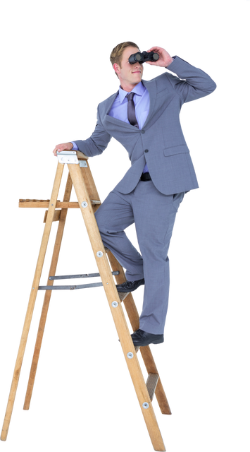 Transparent Businessman in Suit Looking Through Binoculars on Ladder - Download Free Stock Videos Pikwizard.com