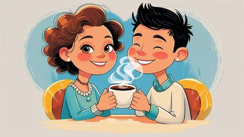 Happy cute couple sharing coffee at cozy cafe table