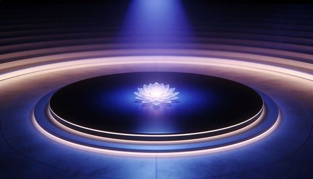 Glowing lotus sculpture on glossy disk in futuristic amphitheater with blue and violet light
