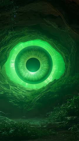 Pulsing neon green portal forming in cave halo, charging glowing ring vertical video