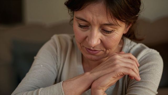 Middle-aged woman gazing down while clasping hands, intimate contemplative portrait at home