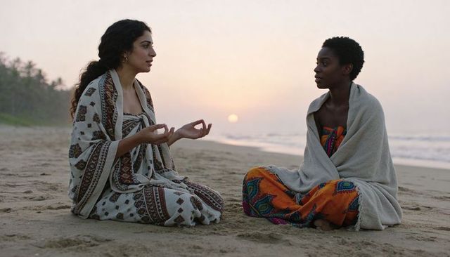 Two women wrapped in shawls sharing quiet conversation sitting on beach at sunset