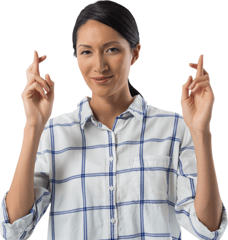 Transparent Woman with Fingers Crossed in Checkered Shirt Smiling Confidently