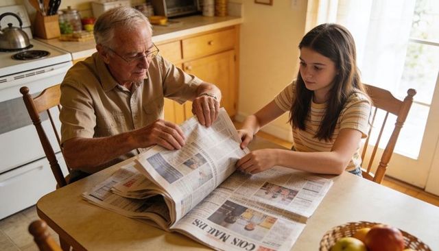 Grandfather and granddaughter sharing morning news sunlit kitchen table, reading together