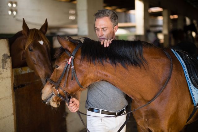 Man grooming a brown horse in a stable, showcasing animal care and equestrian activities. Ideal for use in content related to horse riding, animal care, equestrian sports, and rural lifestyle.