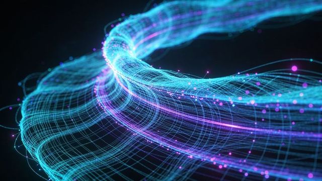 Neon data stream twisting wireframe ribbon with glowing nodes and digital particles