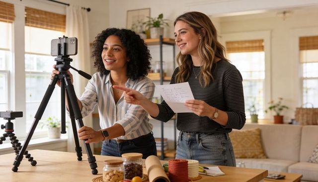 Two Women Creating DIY Tutorial Adjusting Smartphone Tripod in Sunlit Cozy Kitchen