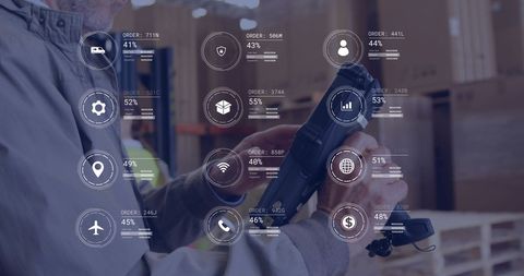 This visual represents modern warehouse operations, showcasing digital data overlay as a logistics worker is engaged in an inventory task. Useful for illustrating concepts in warehouse management systems, logistics processes, or digital transformation in business. Ideal for content examining the intersection of technology and industry, and the role of augmented reality in enhancing operational efficiency.