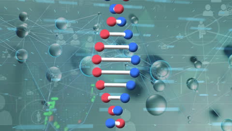 Digital Network Interface with DNA Helix Over Cyber Blue Background