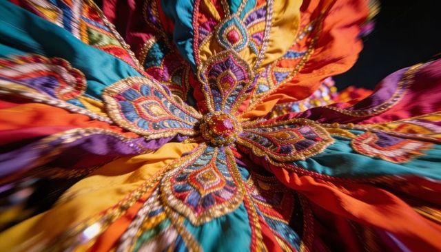 Radiating beaded rosette showcasing vibrant embroidered multicolor fabric petals
