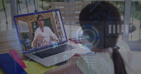 Young girl engaging in online learning with futuristic technology