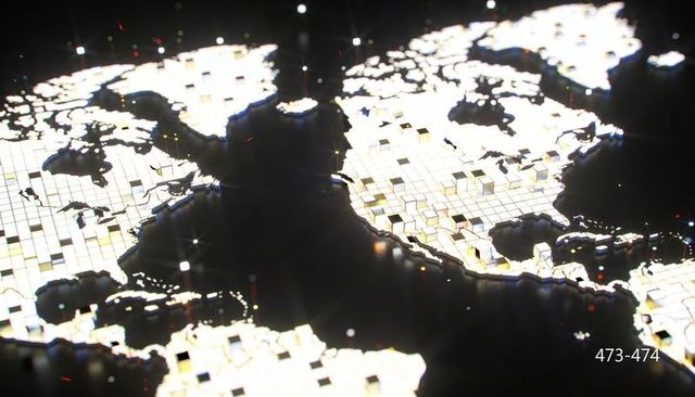 Displaying glowing tiled world map with led grid and neon mosaic for futuristic data visual