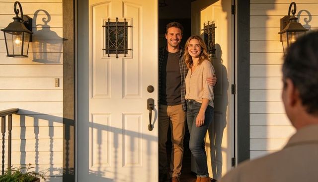 Smiling couple greeting guest at sunlit front door during golden hour, cozy home entrance
