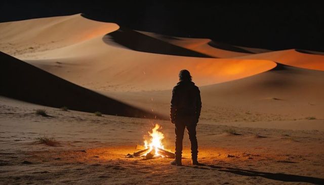Standing silhouette watching campfire on moonlit desert dunes at night glowing amber sand