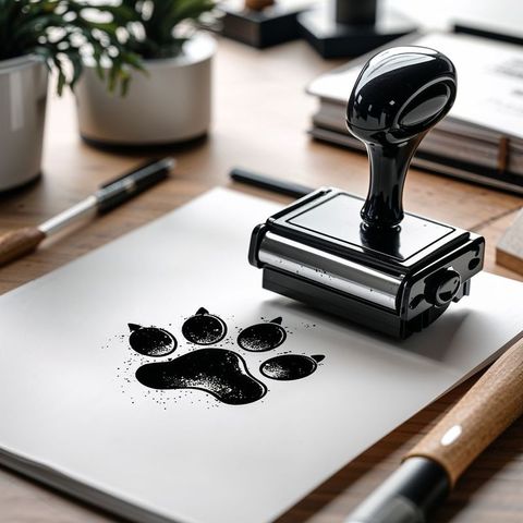 Black self-inking stamp creates paw print on desk