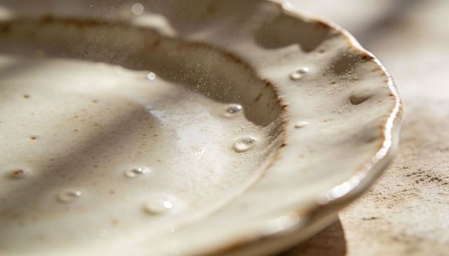 Macro of speckled glazed ceramic plate catching sunlight with beaded glaze drops and dust